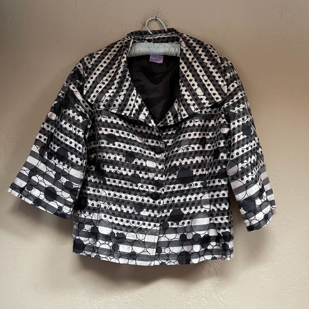 Lindi Womens Medium Black White Striped Polka Dot Blazer 3/4 Sleeve Lightweight